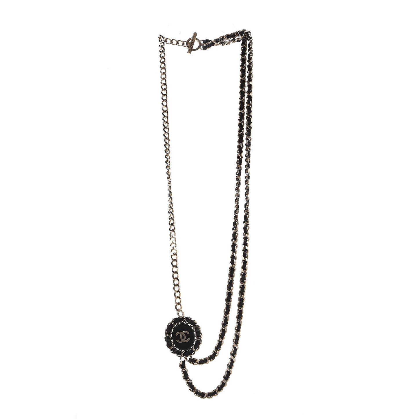 Lambskin CC Long Chain Necklace Black Gold