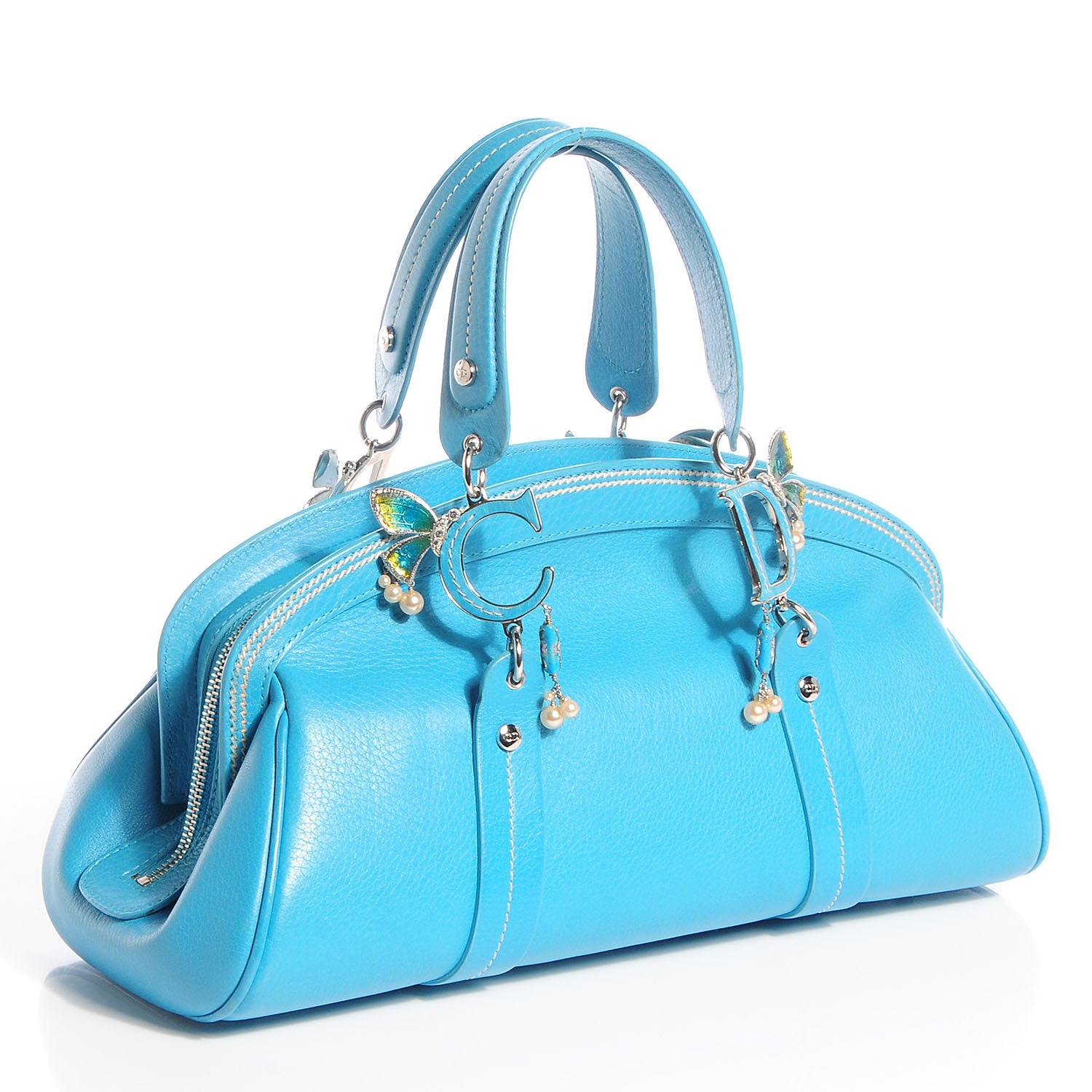 Christian Dior Calfskin Butterfly Pearls Frame Satchel Blue 3 of 12