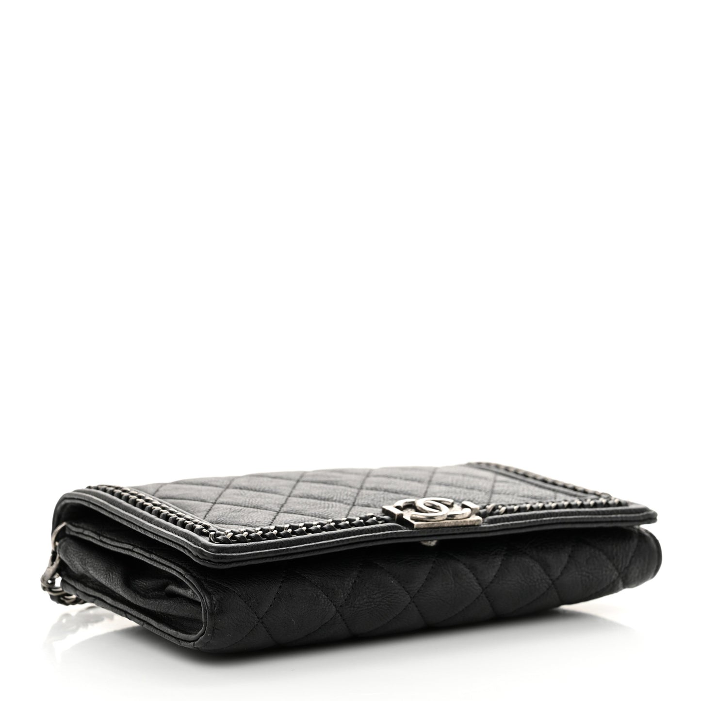 Calfskin Quilted Chain Around Boy Wallet On Removable Chain WOC Black