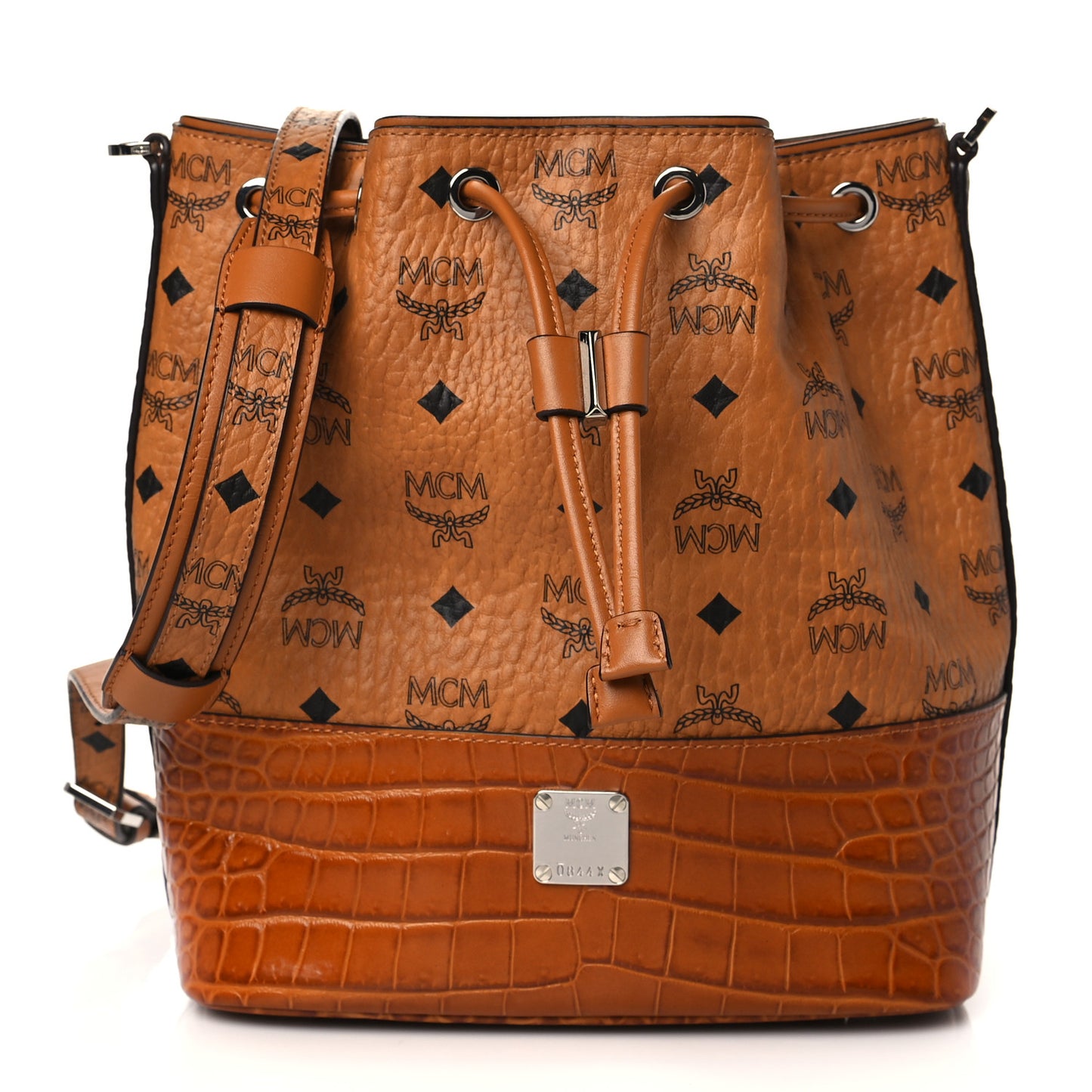 Visetos Crocodile Embossed Geonautic Bucket Bag Cognac