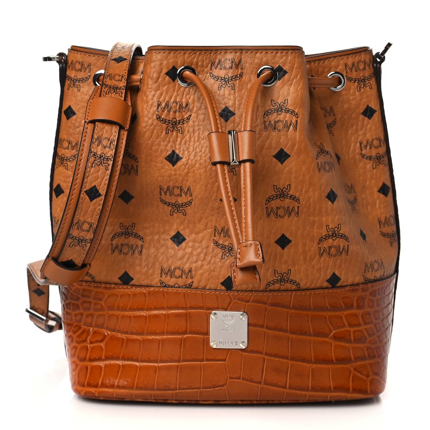 MCM Visetos Crocodile Embossed Geonautic Bucket Bag Cognac 1 of 10