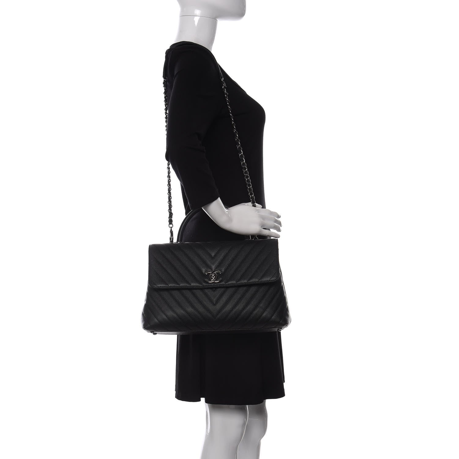 Chanel Caviar Chevron Quilted Medium Coco Handle Flap Black 2 of 10
