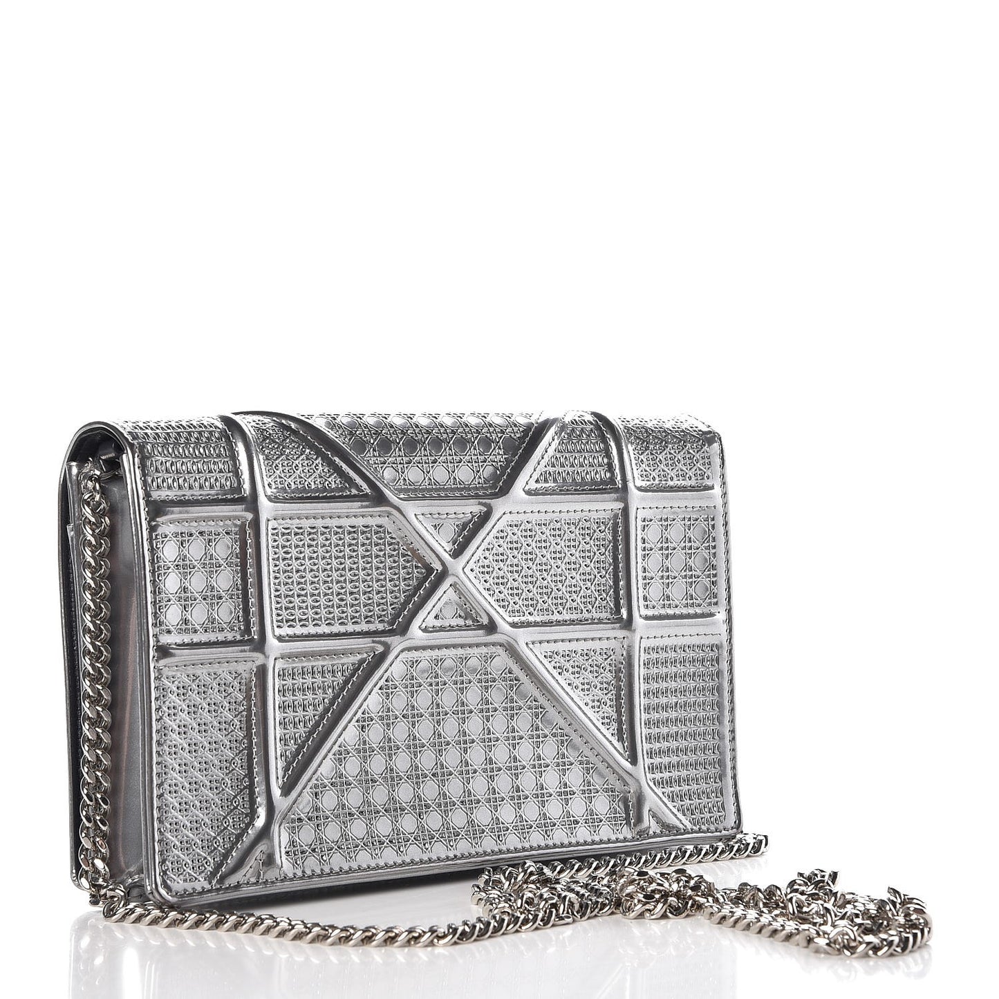 Metallic Patent Micro-Cannage Diorama Wallet on Chain Pouch Silver