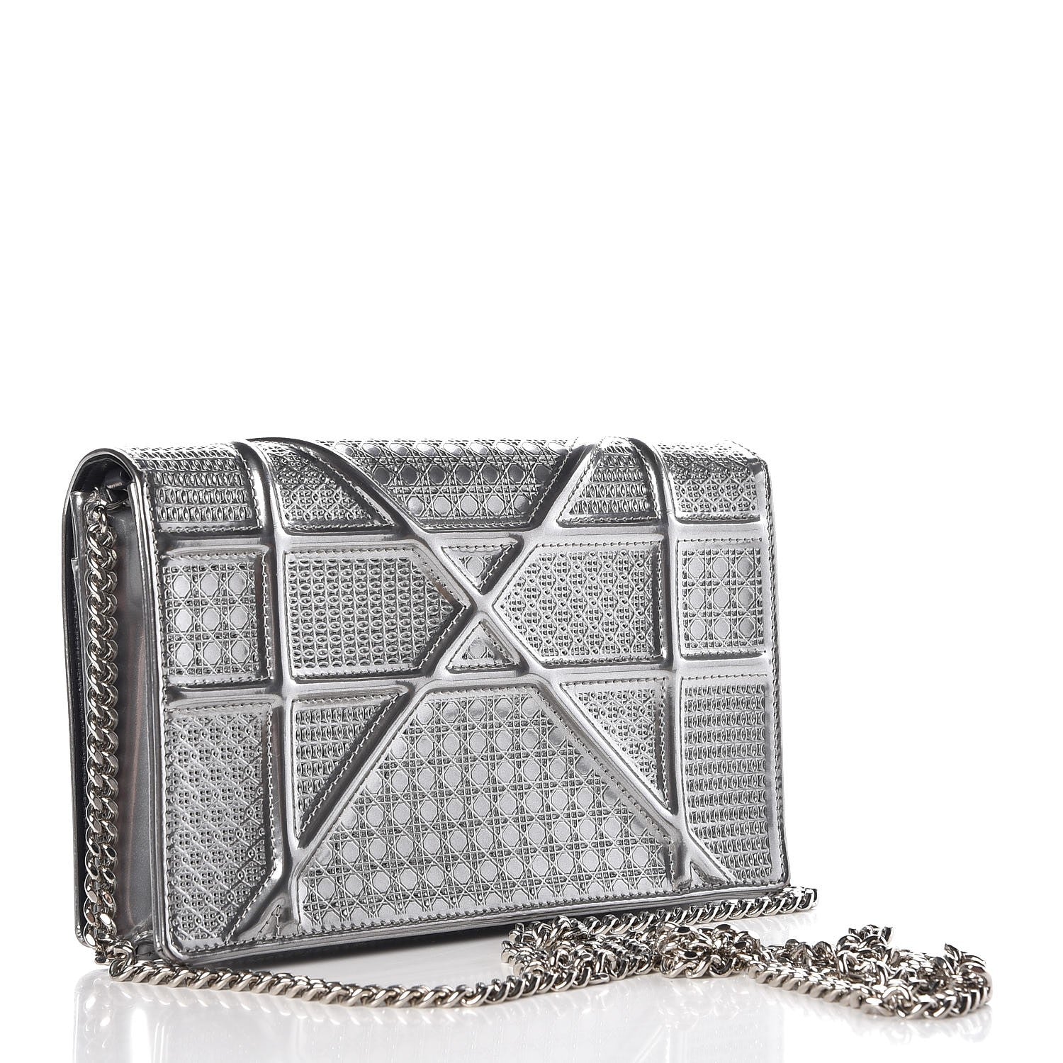 Christian Dior Metallic Patent Micro-Cannage Diorama Wallet on Chain Pouch Silver 3 of 8
