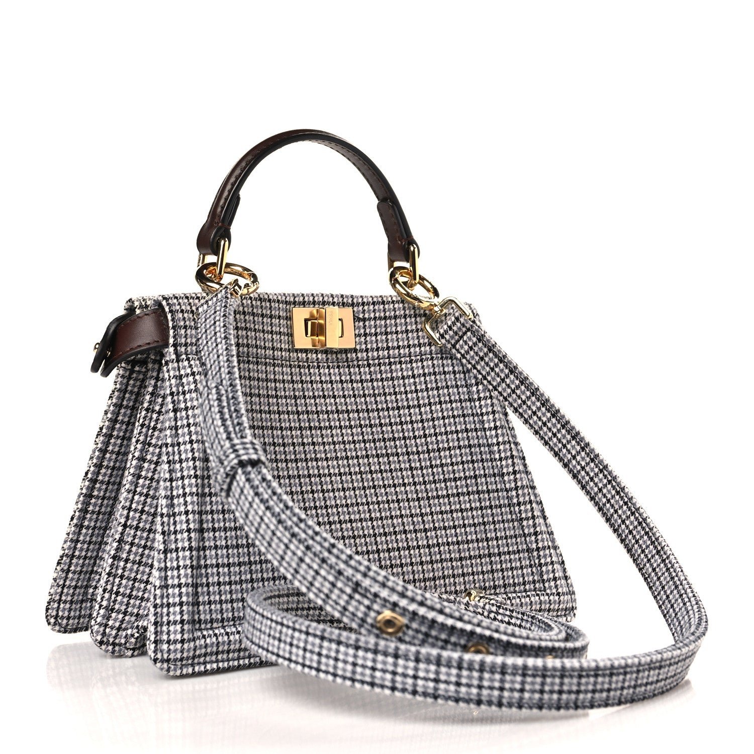 Fendi Wool Fabric Jacquard Cuoio Small Houndstooth FF 1974 Petite Peekaboo I SEE U Satchel Grigio Anthracite 2 of 7