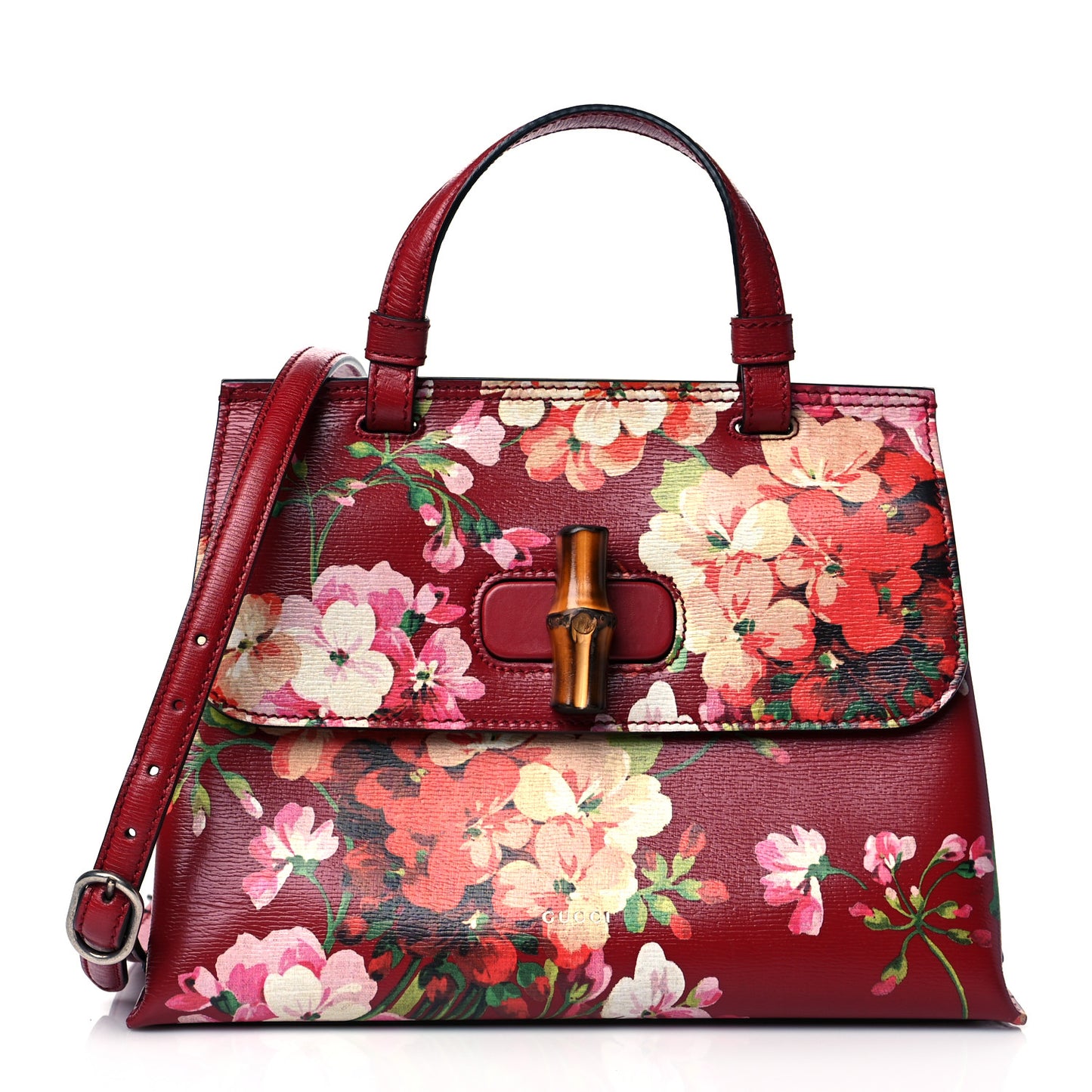 Shangai Calfskin Blooms Print Small Bamboo Daily Top Handle Bag Romantic Cerise Multicolor
