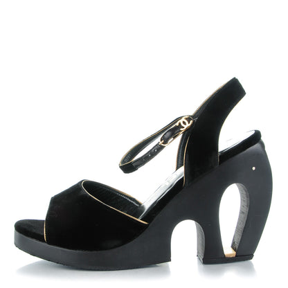 Chanel Velvet Wedge Platform Sandals 39 Black 1 of 8