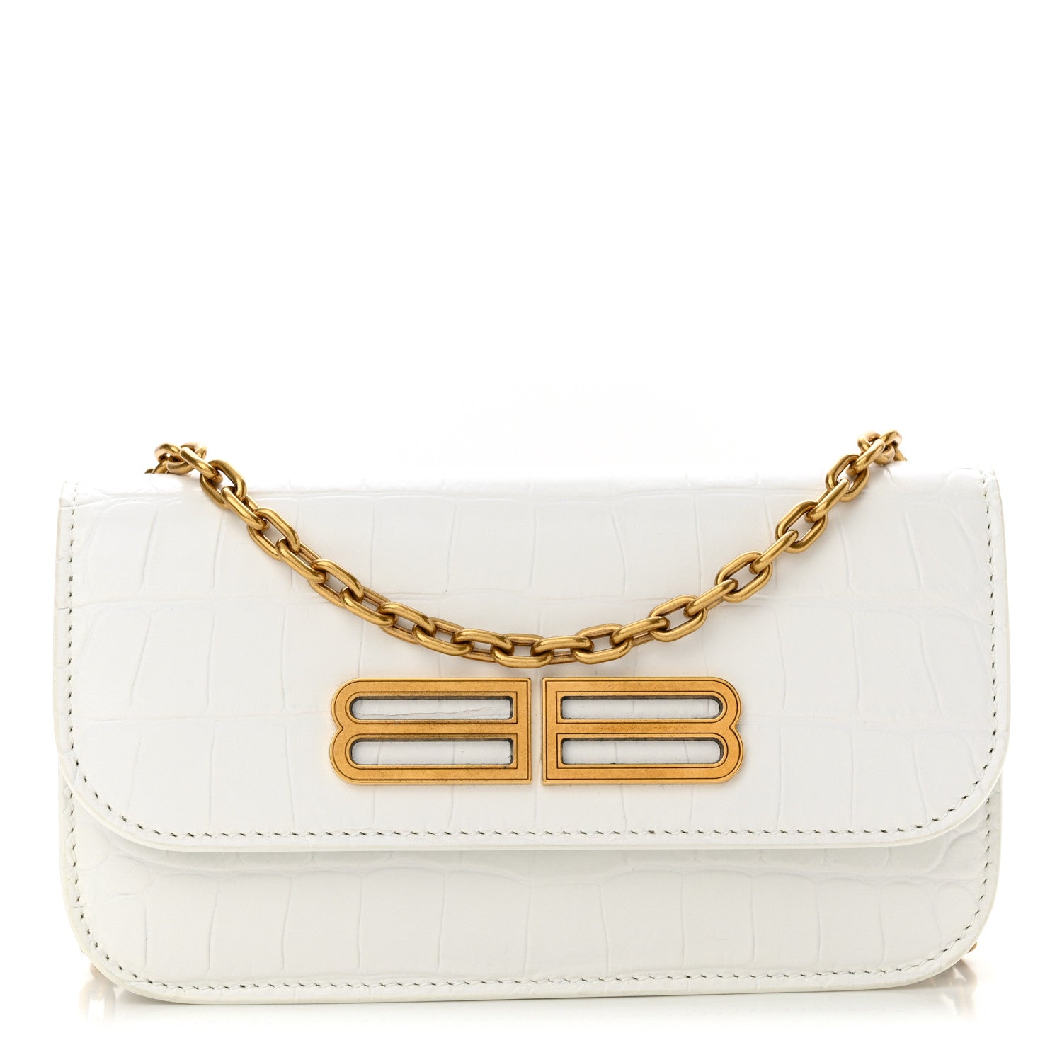 Balenciaga Extra Supple Calfskin Crocodile Embossed Gossip Wallet On Chain Optic White 1 of 10