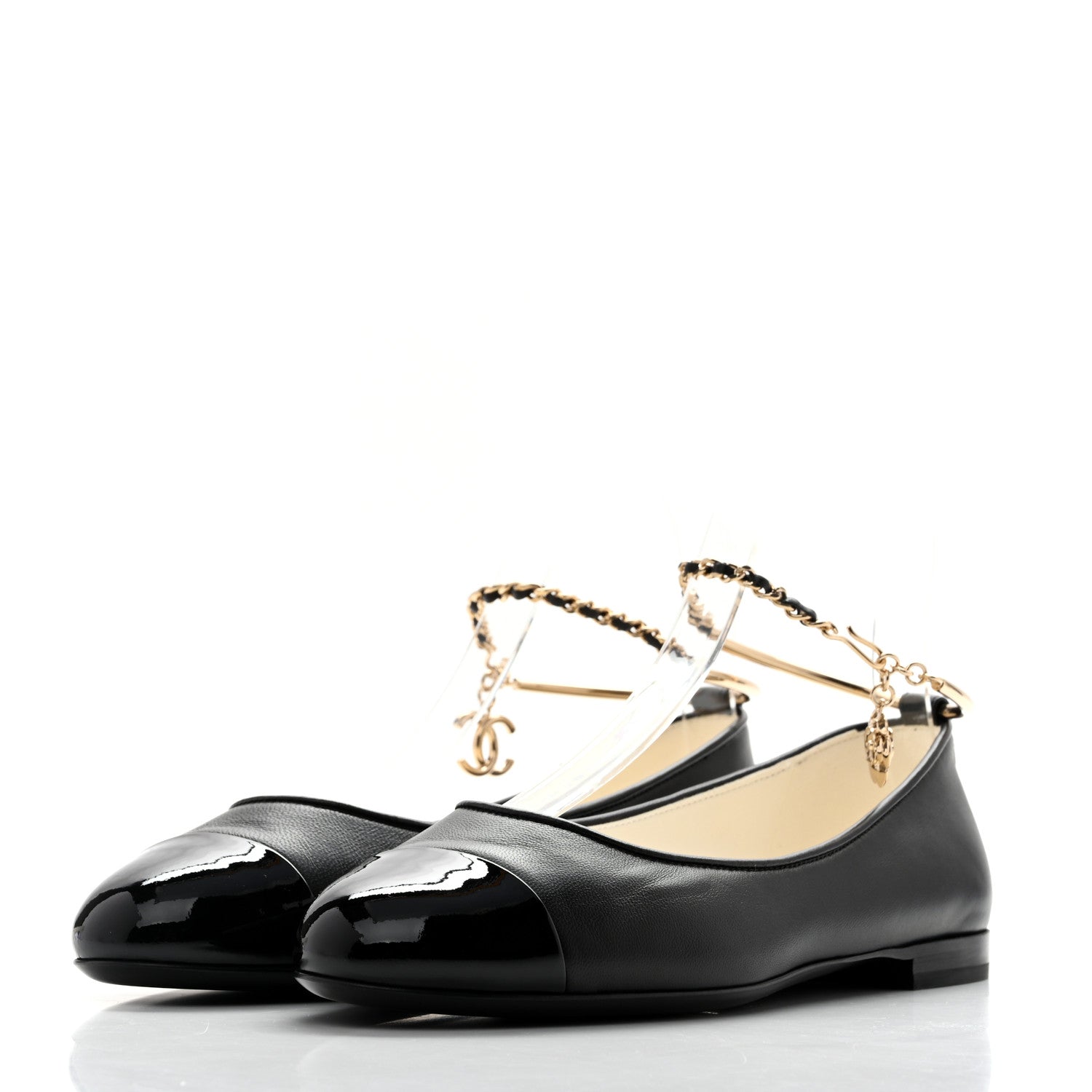 Chanel Lambskin Patent Calfskin Cap Toe Ankle Chain Ballerina Flats 36 Black 4 of 10