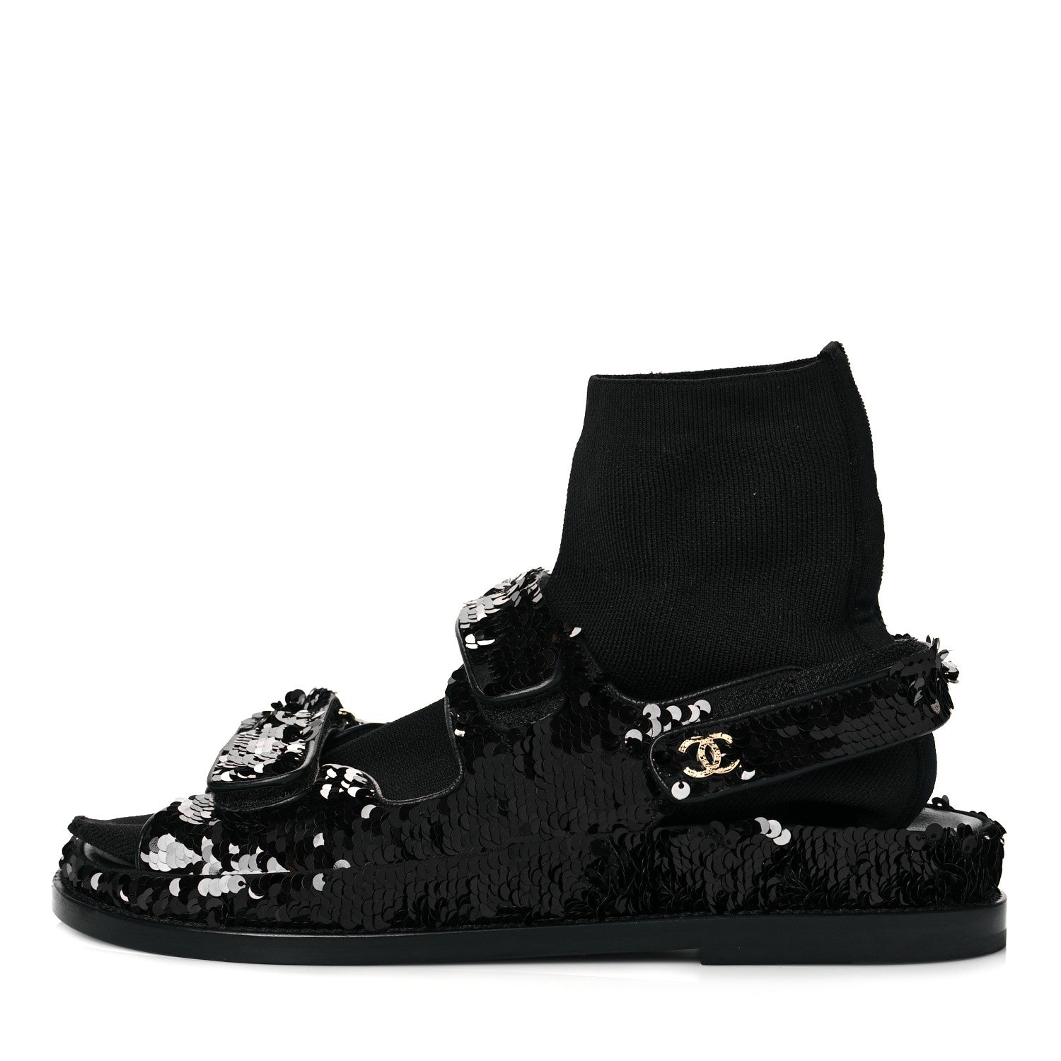 Chanel Sequin Knit Velcro Dad Sandals 38 Black 1 of 9