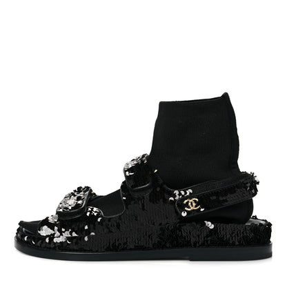 Chanel Sequin Knit Velcro Dad Sandals 38 Black 1 of 9
