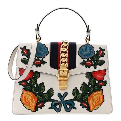 Gucci Calfskin Floral Medium Sylvie Top Handle Bag Off White 1 of 16