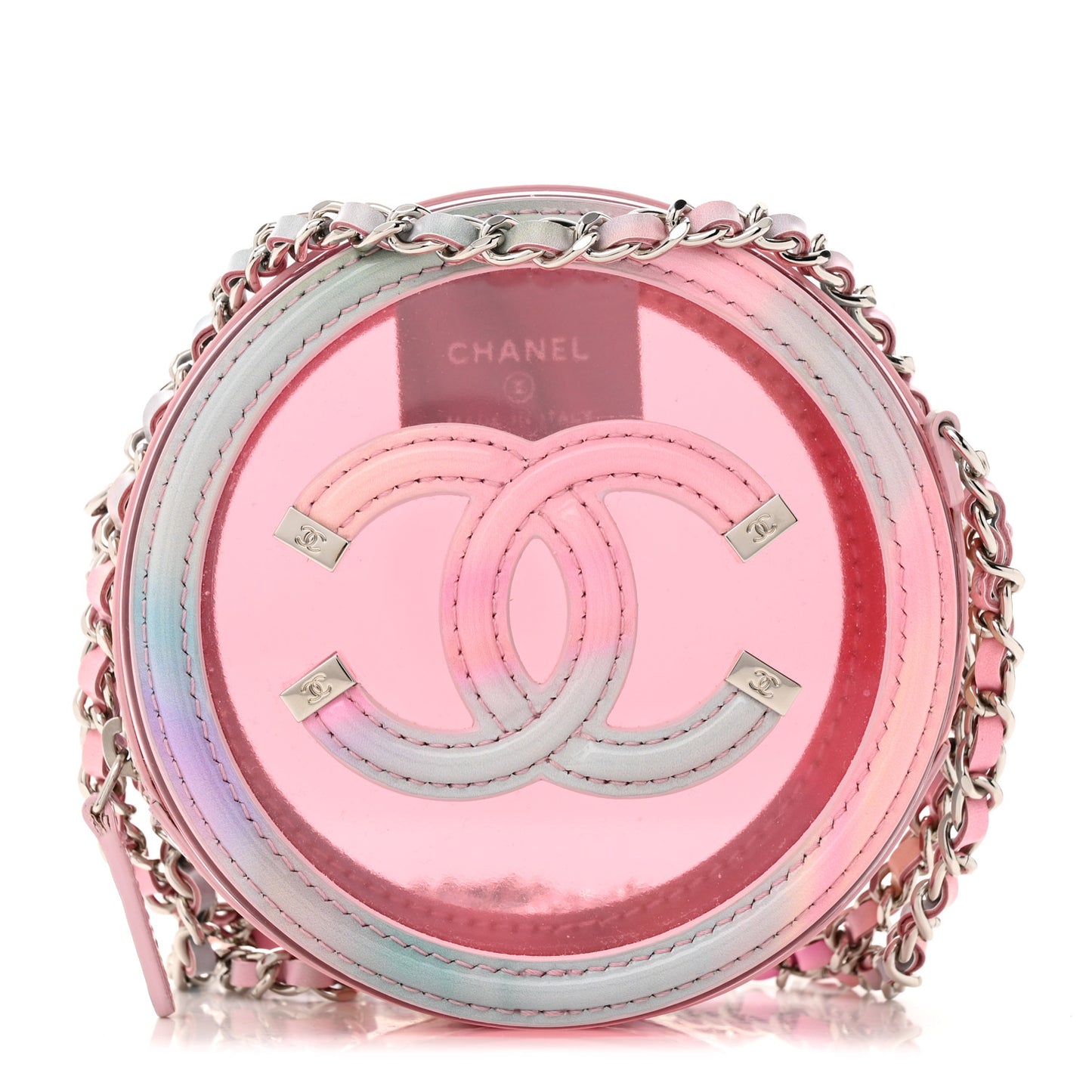 PVC Lambskin Filigree Round Clutch With Chain Pink