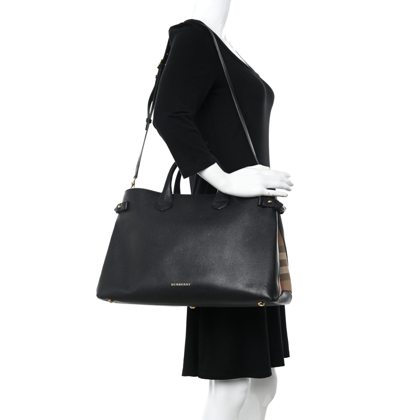 Grainy Calfskin House Check Large Banner Tote Black
