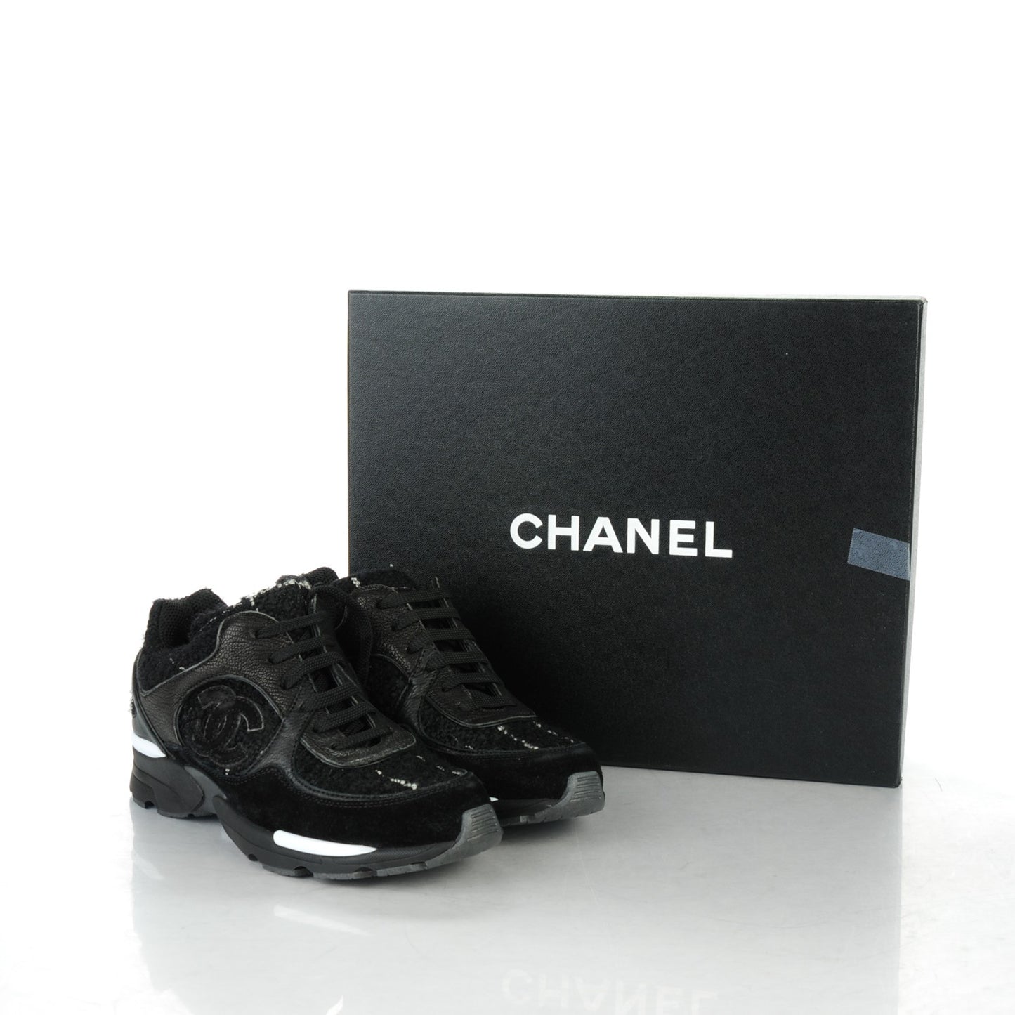 Suede Tweed Goatskin CC Sneakers 34.5 Black
