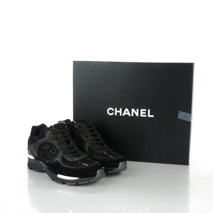 Chanel Suede Tweed Goatskin CC Sneakers 34.5 Black 8 of 8