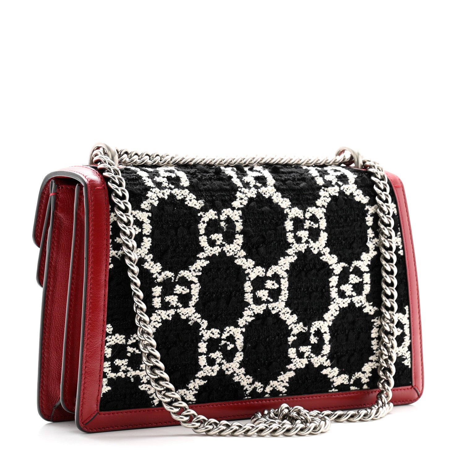 Gucci Tweed GG Monogram Small Dionysus Shoulder Bag Black White Romantic Cherry 3 of 12