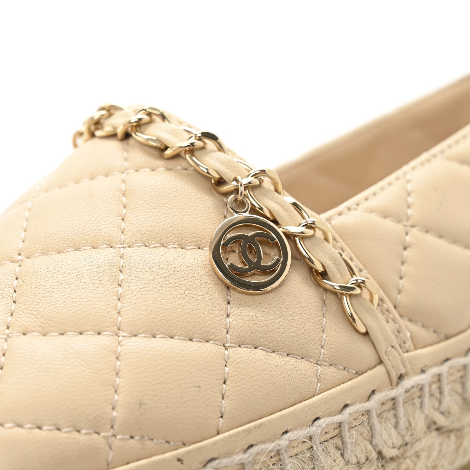 Chanel Lambskin Grosgrain Quilted CC Chain Espadrilles 35 Beige Black 10 of 11
