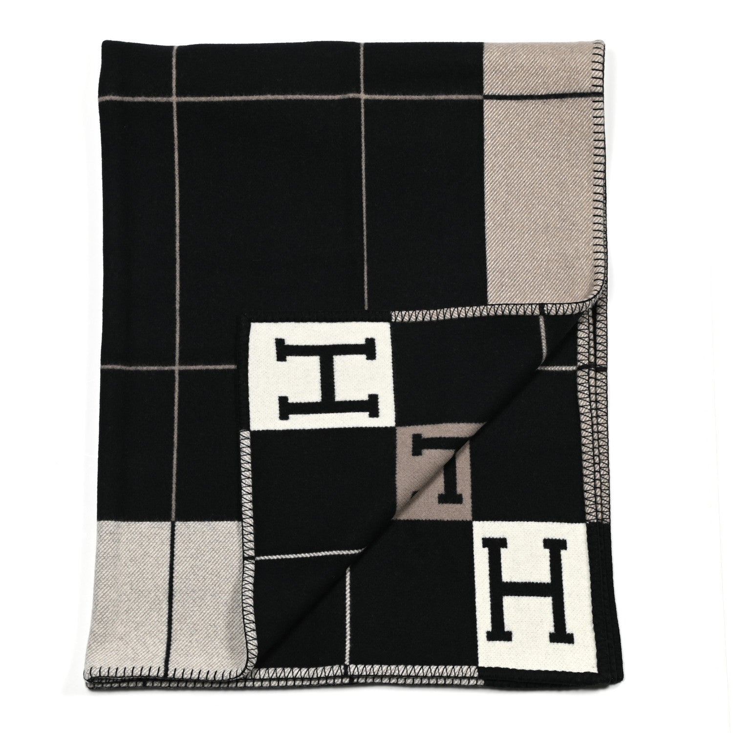 Hermes Wool Cashmere Avalon III Blanket Ecru Black 2 of 3