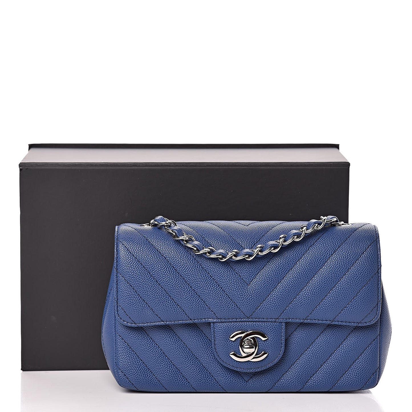 Caviar Chevron Quilted Mini Rectangular Flap Blue