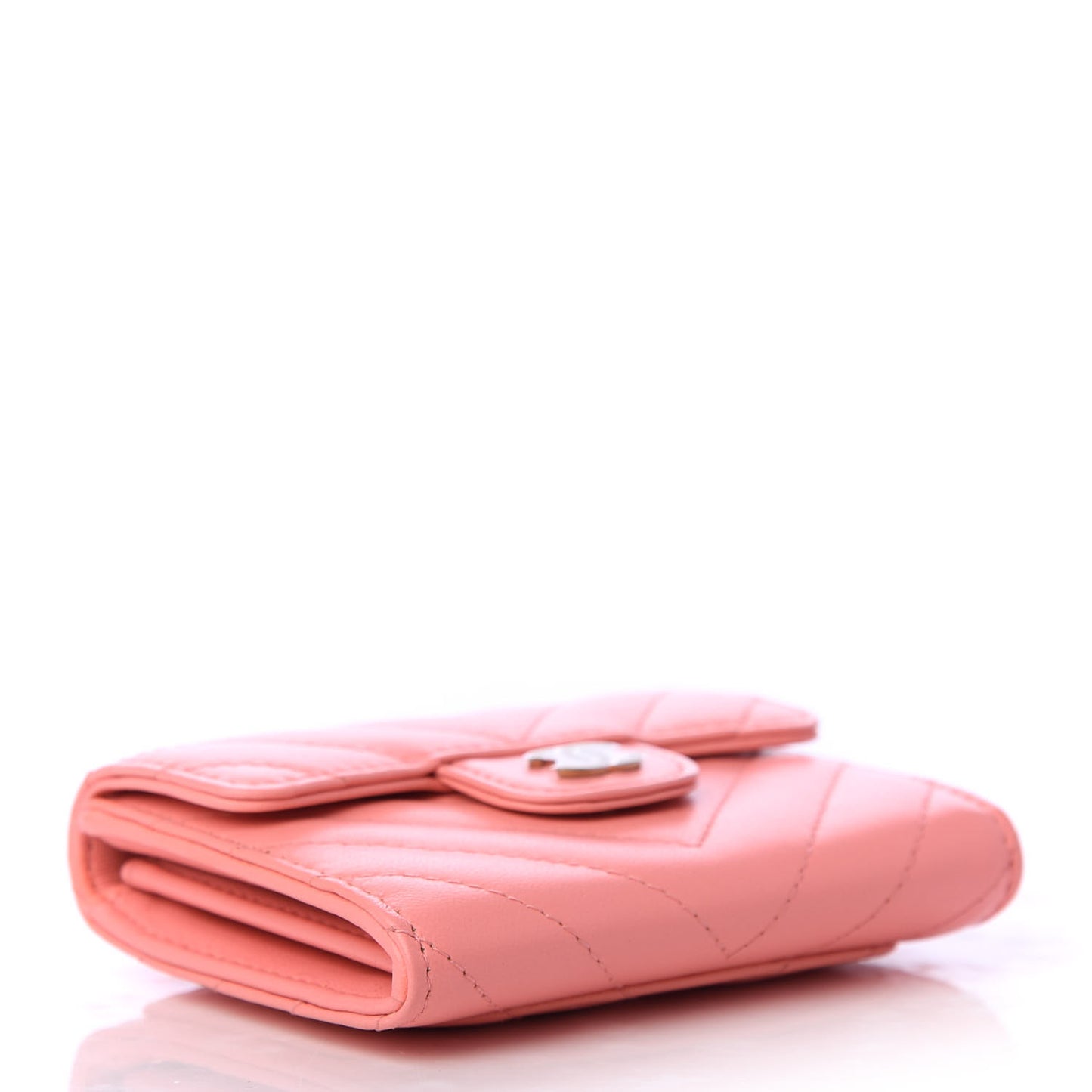 Lambskin Chevron Quilted Flap Card Holder Wallet Coral