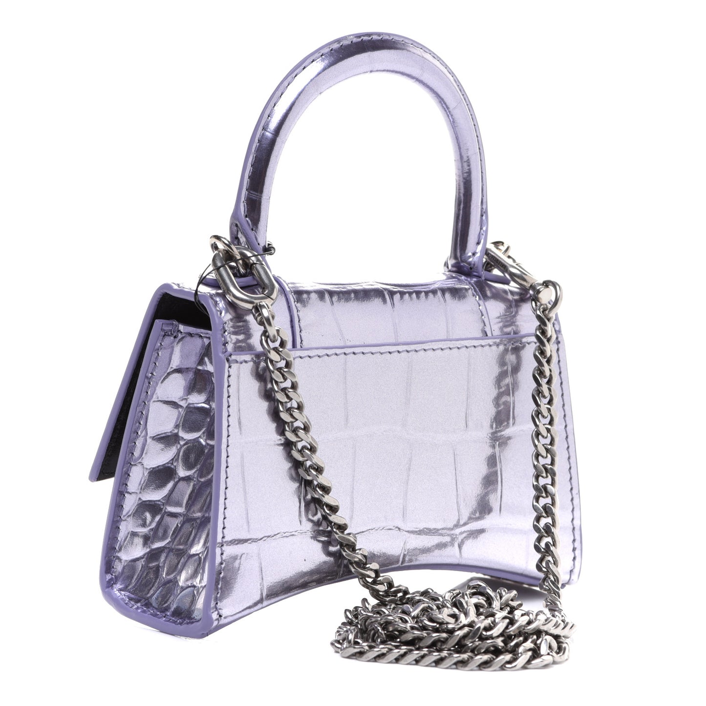 Metallic Calfskin Crocodile Embossed Hourglass Top Handle Bag Mini with Chain Lilac