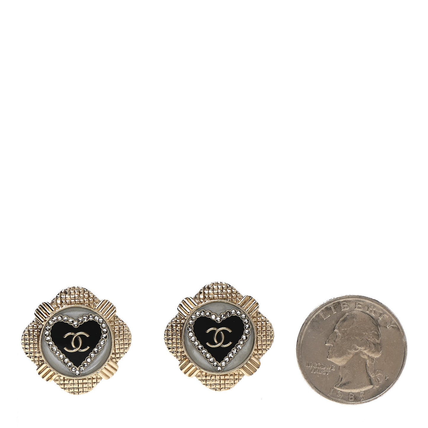 Resin Crystal Quilted CC Heart Earrings Gold Black