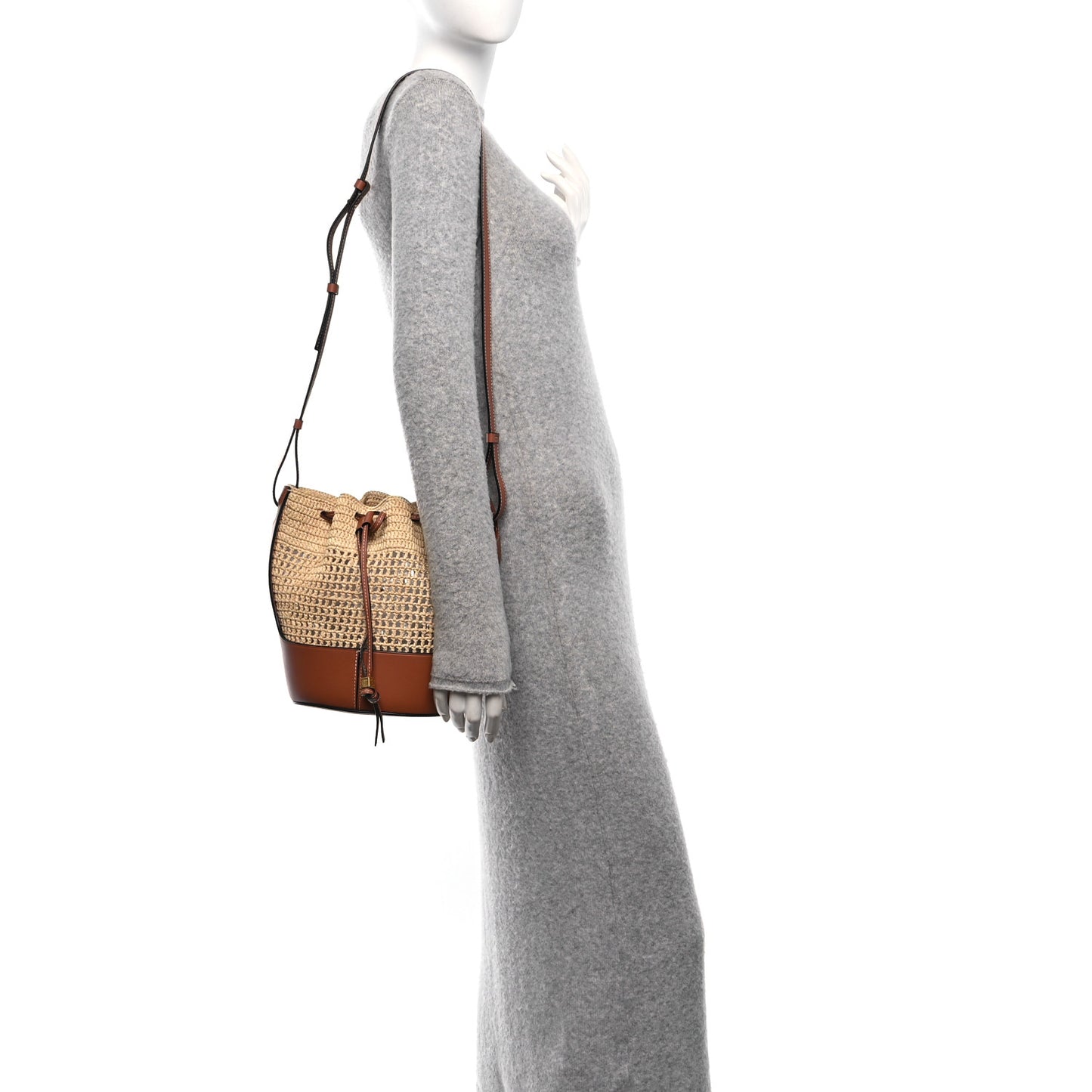 Raffia Calfskin Balloon Bucket Bag Natural Tan