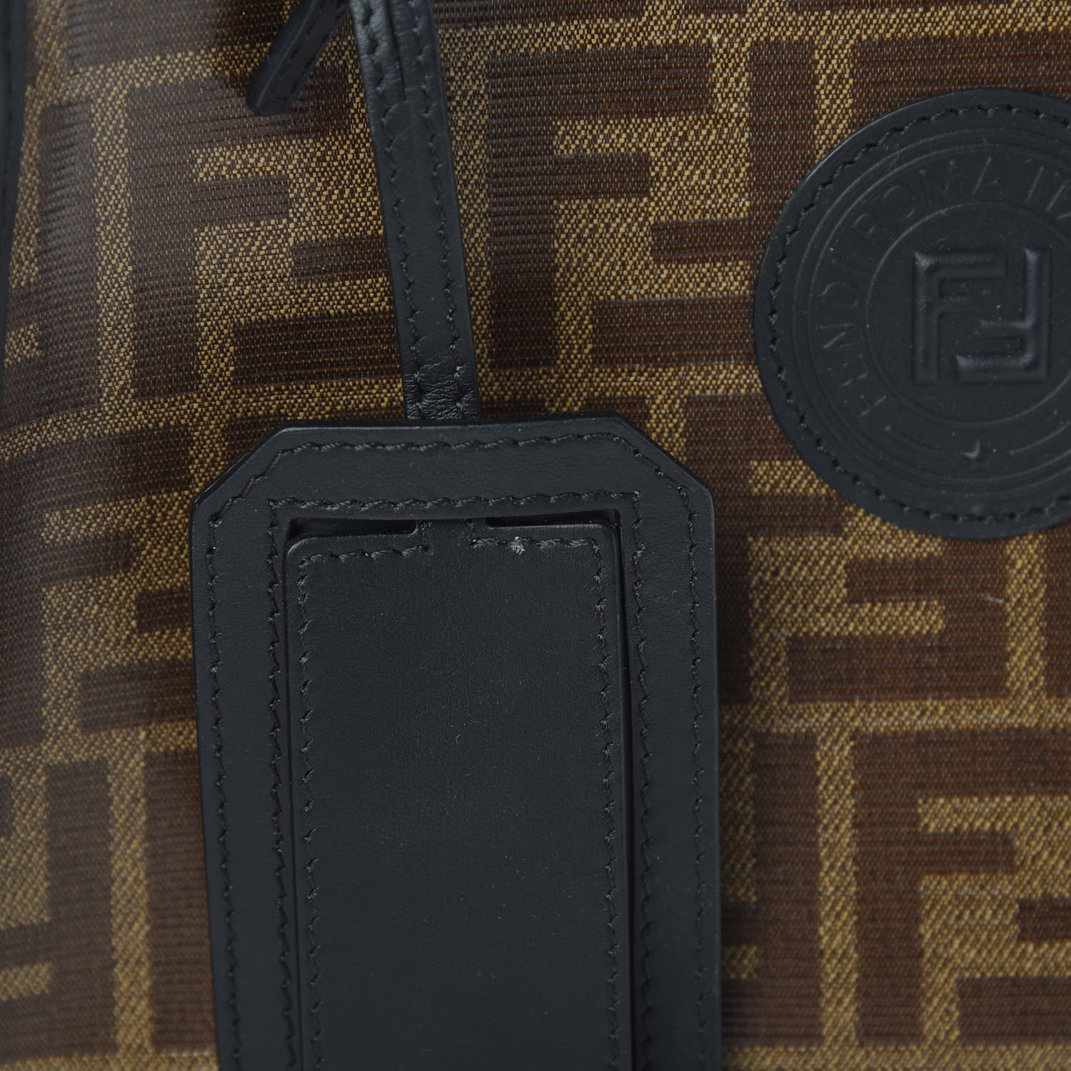 Fendi Glazed Fabric Vitello Century FF 1974 Stamp Patch Mini Peekaboo Defender Cover Mogano Panna Black 9 of 9