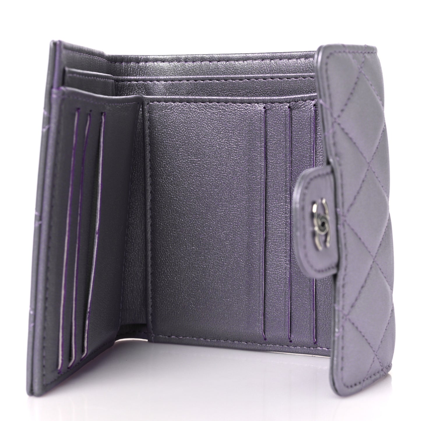 Iridescent Lambskin Quilted Compact Flap Wallet Purple