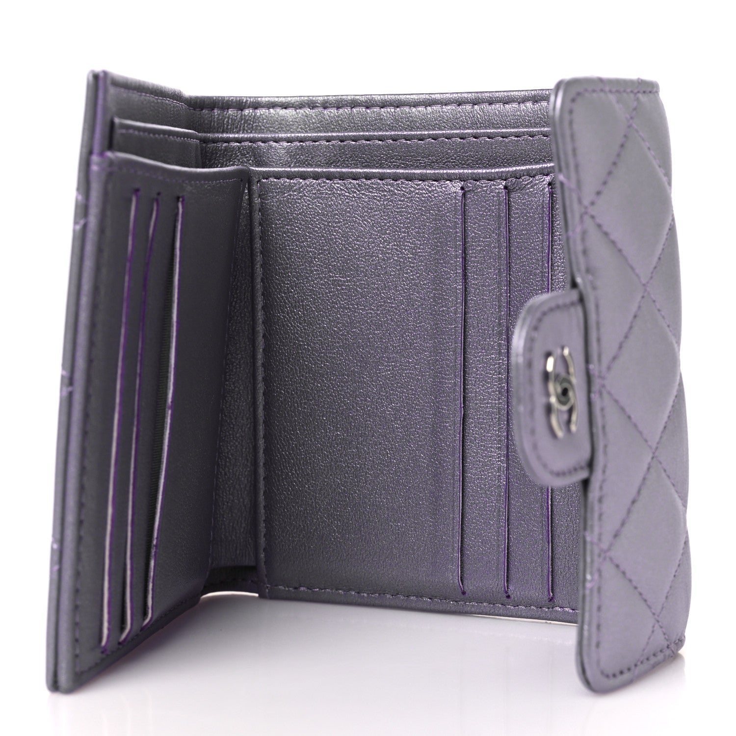 Chanel Iridescent Lambskin Quilted Compact Flap Wallet Purple 5 of 9