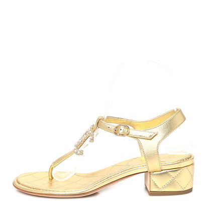 Chanel Laminated Lambskin Quilted CC Pearl Thong Sandals 35.5 Gold 1 of 8