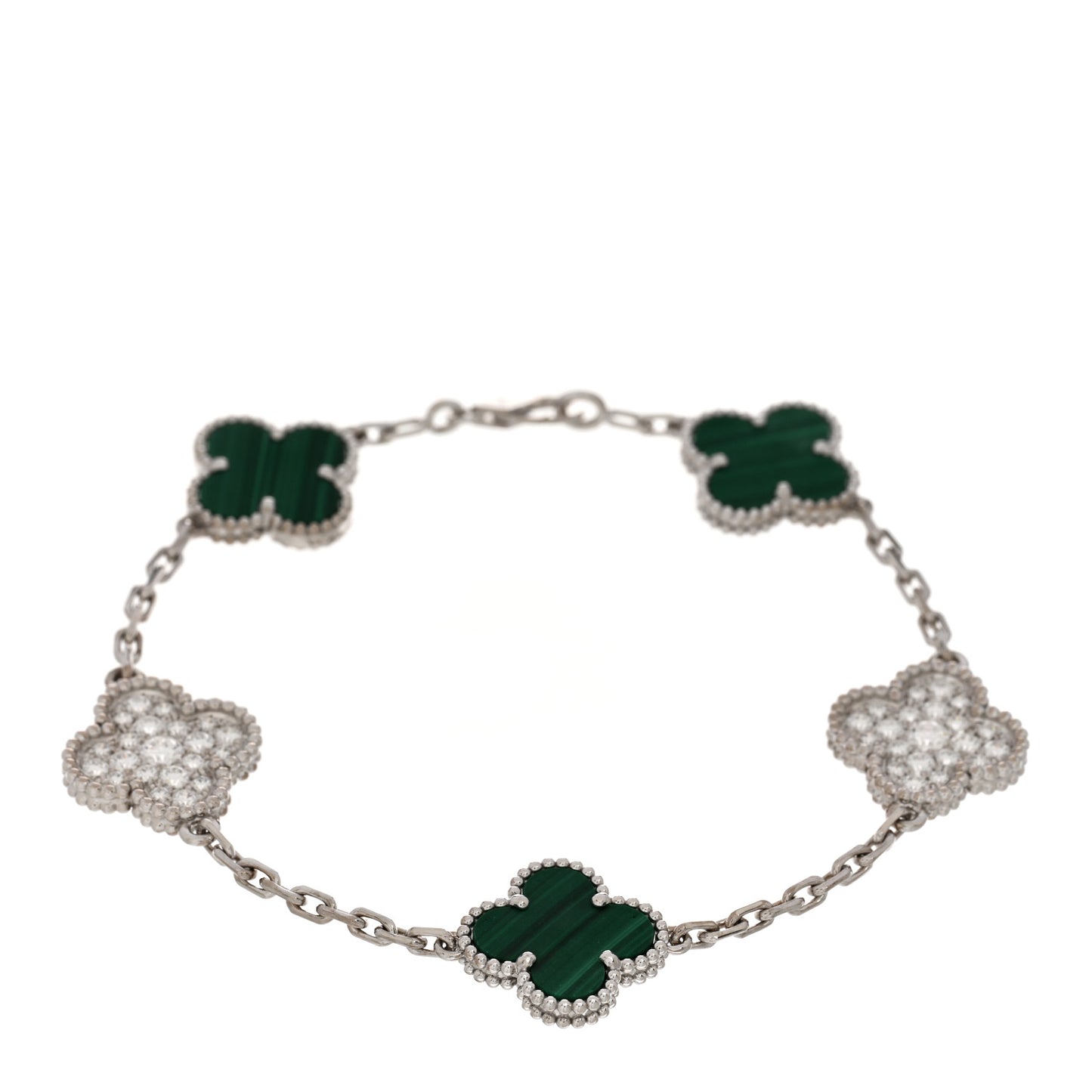 VAN CLEEF & ARPELS 18K White Gold Diamond Malachite 5 Motifs Vintage Alhambra Bracelet