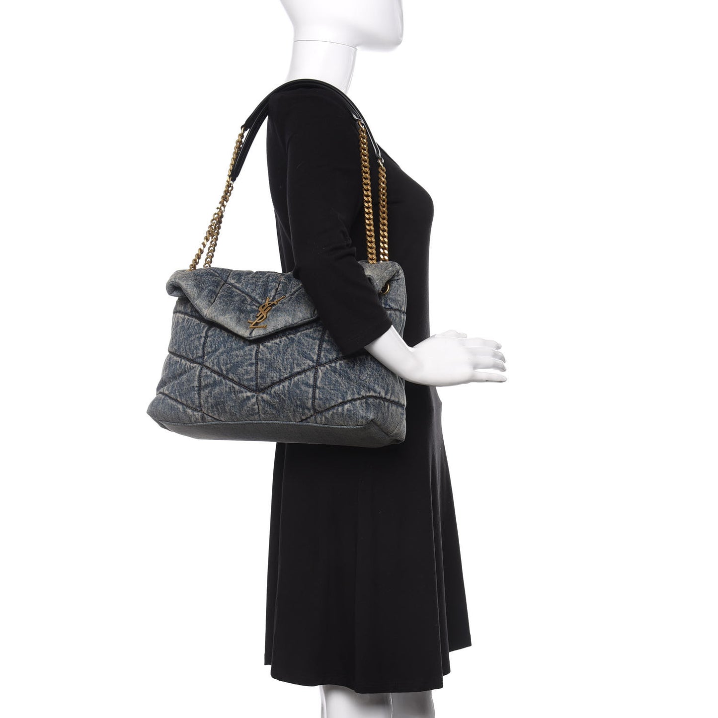 Denim Quilted Medium Loulou Puffer Monogram Chain Satchel Blue Black