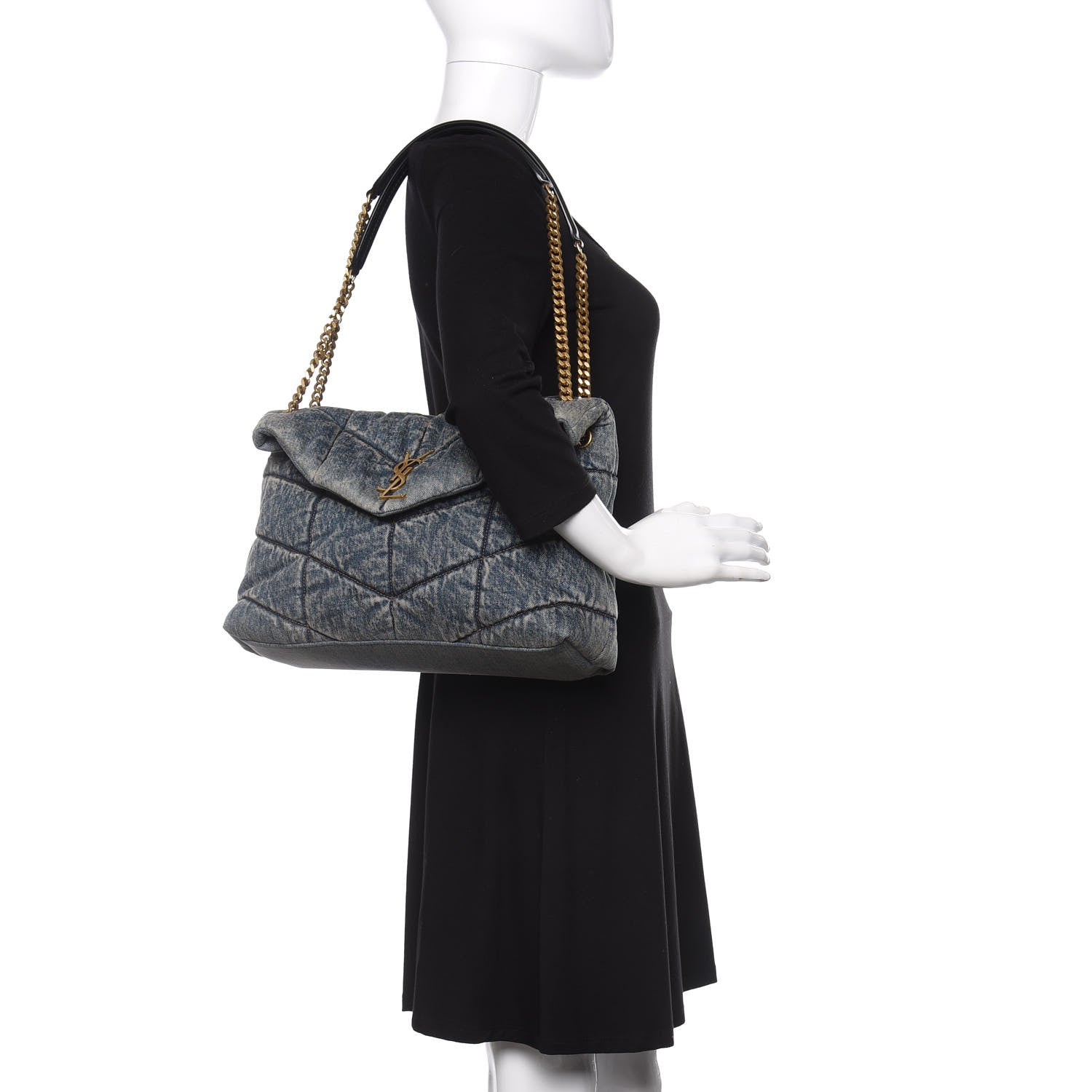 Saint Laurent Denim Quilted Medium Loulou Puffer Monogram Chain Satchel Blue Black 2 of 9