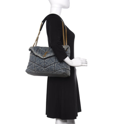 Saint Laurent Denim Quilted Medium Loulou Puffer Monogram Chain Satchel Blue Black 2 of 9