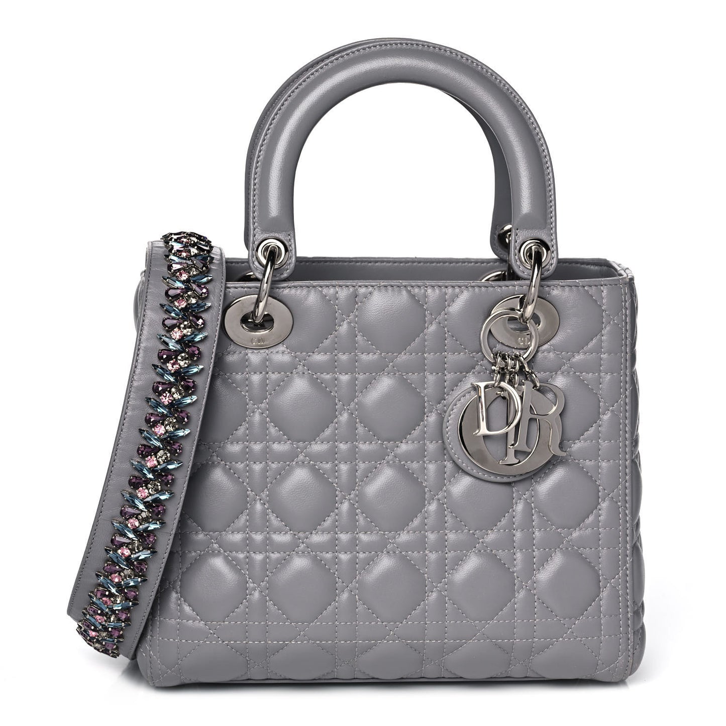 Lambskin Cannage Medium Lady Dior Crystal Strap Grey