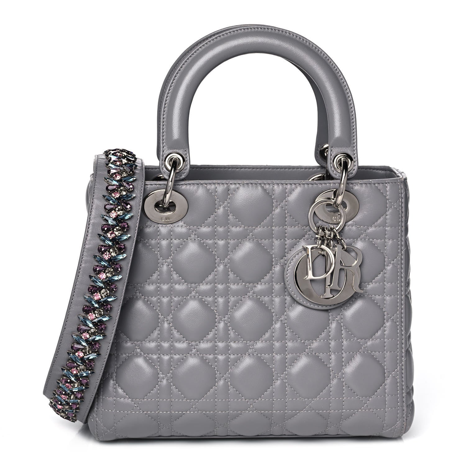 Christian Dior Lambskin Cannage Medium Lady Dior Crystal Strap Grey 1 of 15
