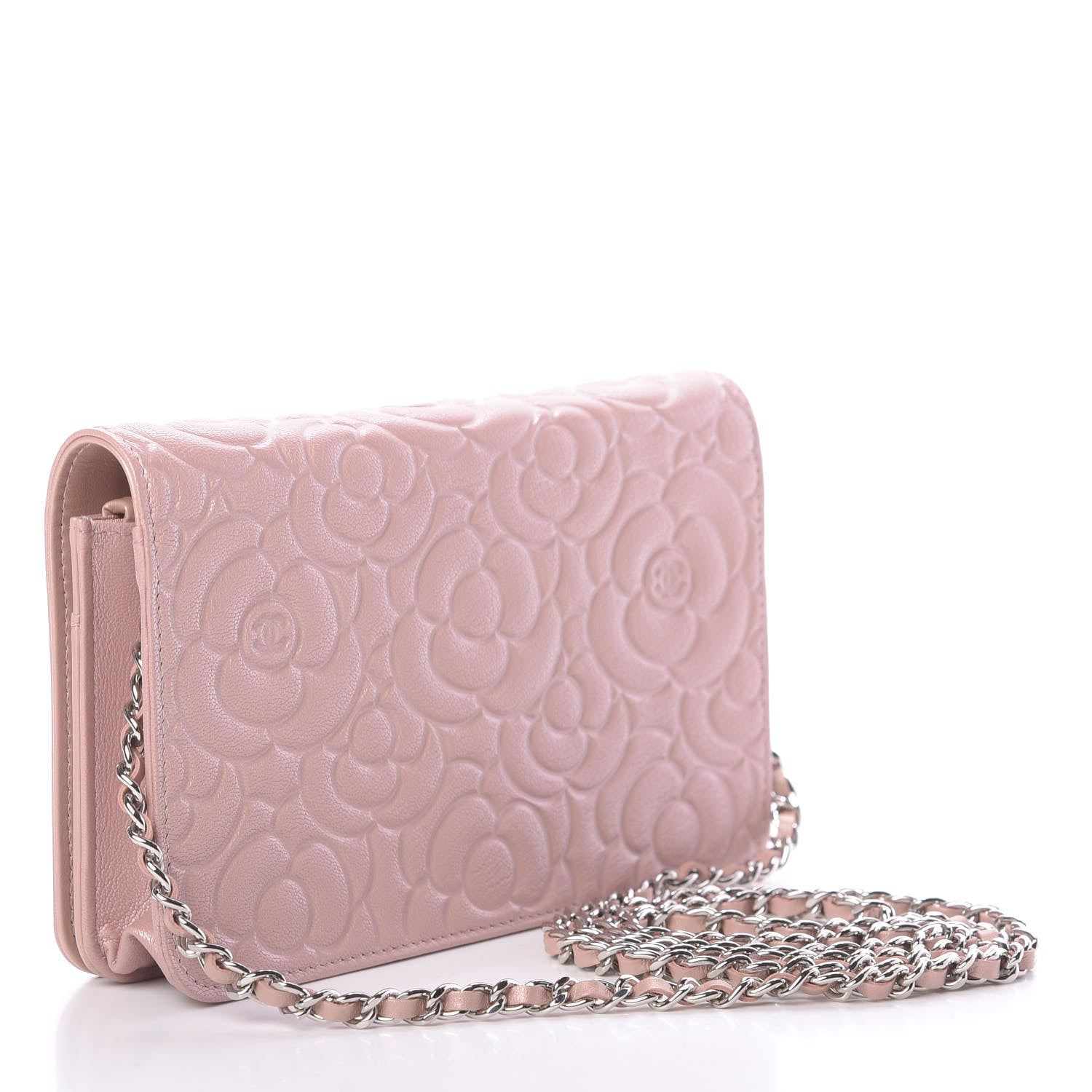 Chanel Goatskin Camellia Embossed Wallet On Chain WOC Light Pink 3 of 12