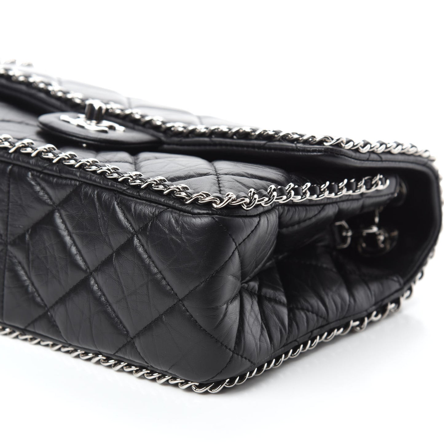 Crumpled Calfskin Medium Chain All Over Flap Black