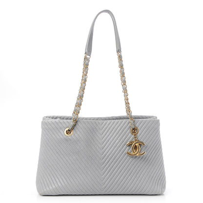 Chanel Wrinkled Lambskin Chevron Quilted Surpique Tote Light Gray 1 of 7