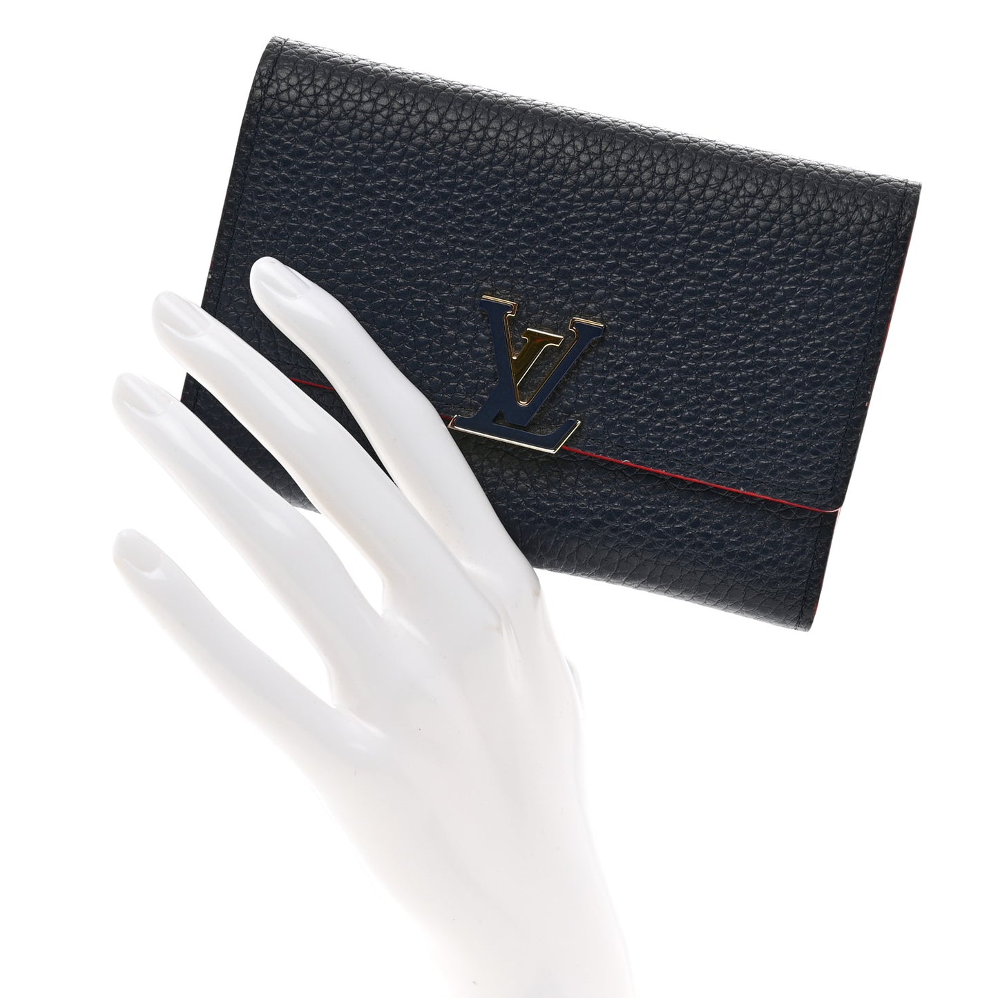Taurillon Capucines Compact Wallet Marine Rouge