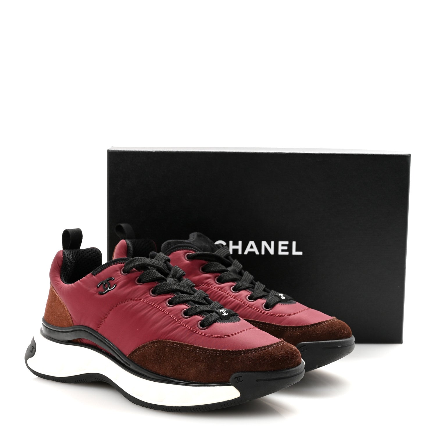 Chanel Nylon Suede Calfskin CC Sneakers 41 Burgundy Brown 10 of 10