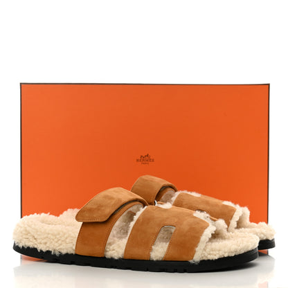 Hermes Suede Goatskin Woolskin Mens Chypre Sandals 42 Brun Fume Ecru 8 of 8