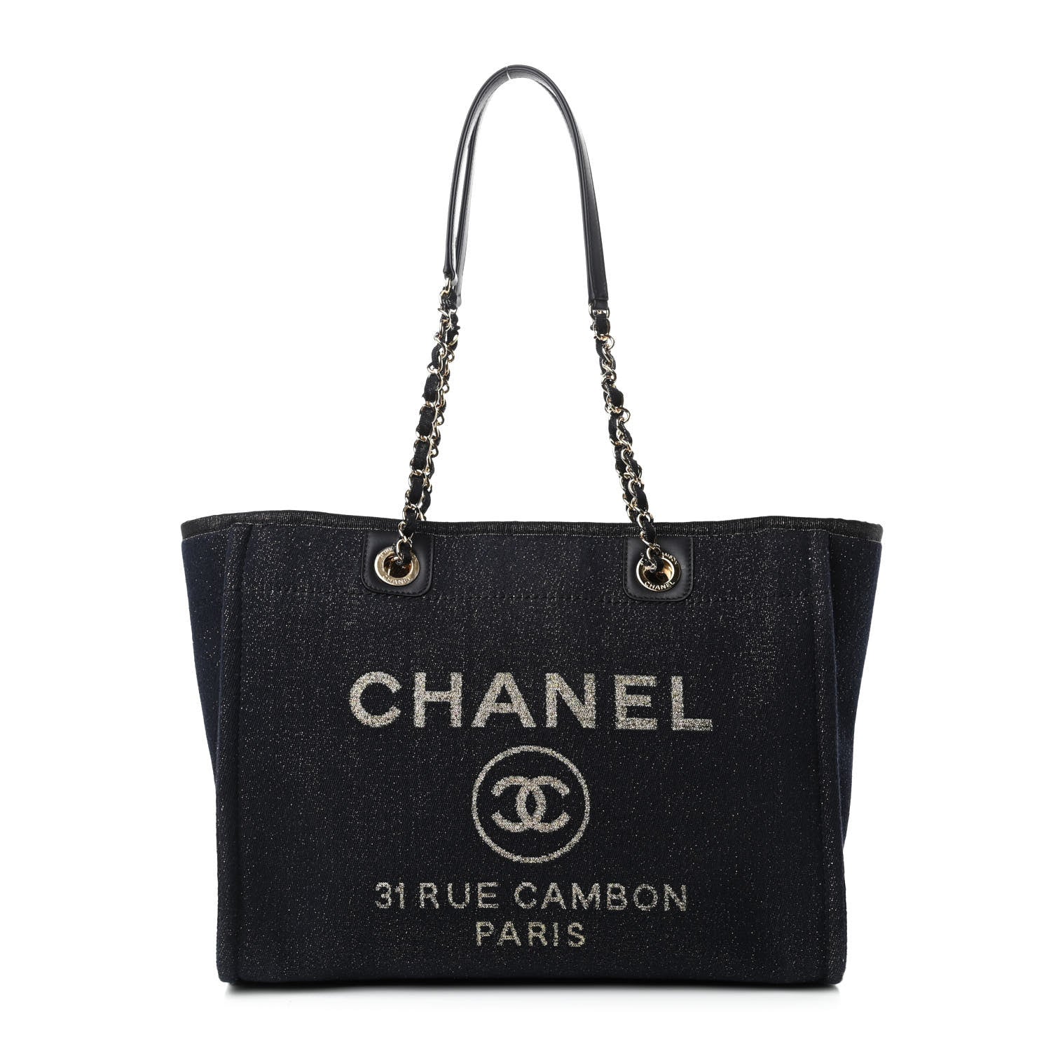 Chanel Lurex Canvas Small Deauville Tote Navy Blue Gold 1 of 10