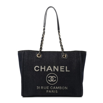 Chanel Lurex Canvas Small Deauville Tote Navy Blue Gold 1 of 10
