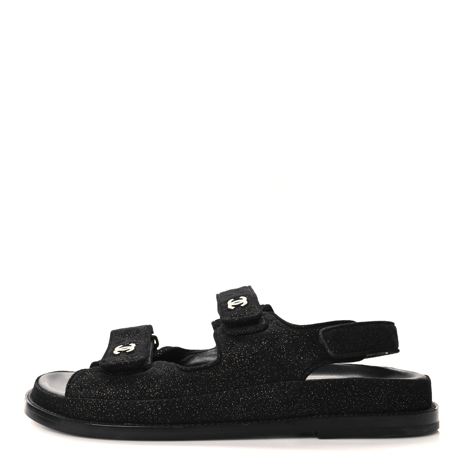 Chanel Suede Calfskin Glitter Crystal Velcro Dad Sandals 38.5 Black 1 of 7