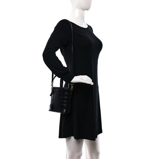 Calfskin Crocodile Embossed Paris Mini Toy Shopper Tote Black