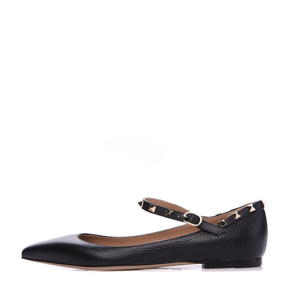 Valentino Garavani Pebbled Calfskin Rockstud Ankle Strap Ballerina Flats 39.5 Black 1 of 9