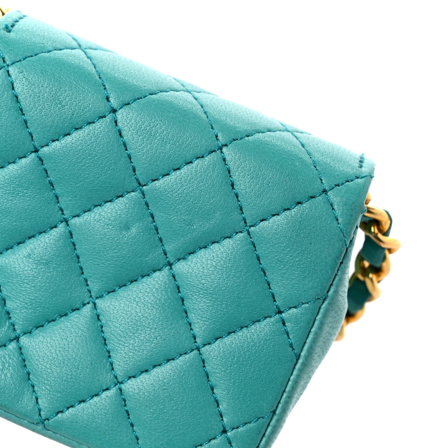 Lambskin Quilted Mini Pouch Bag Charm Keychain Turquoise